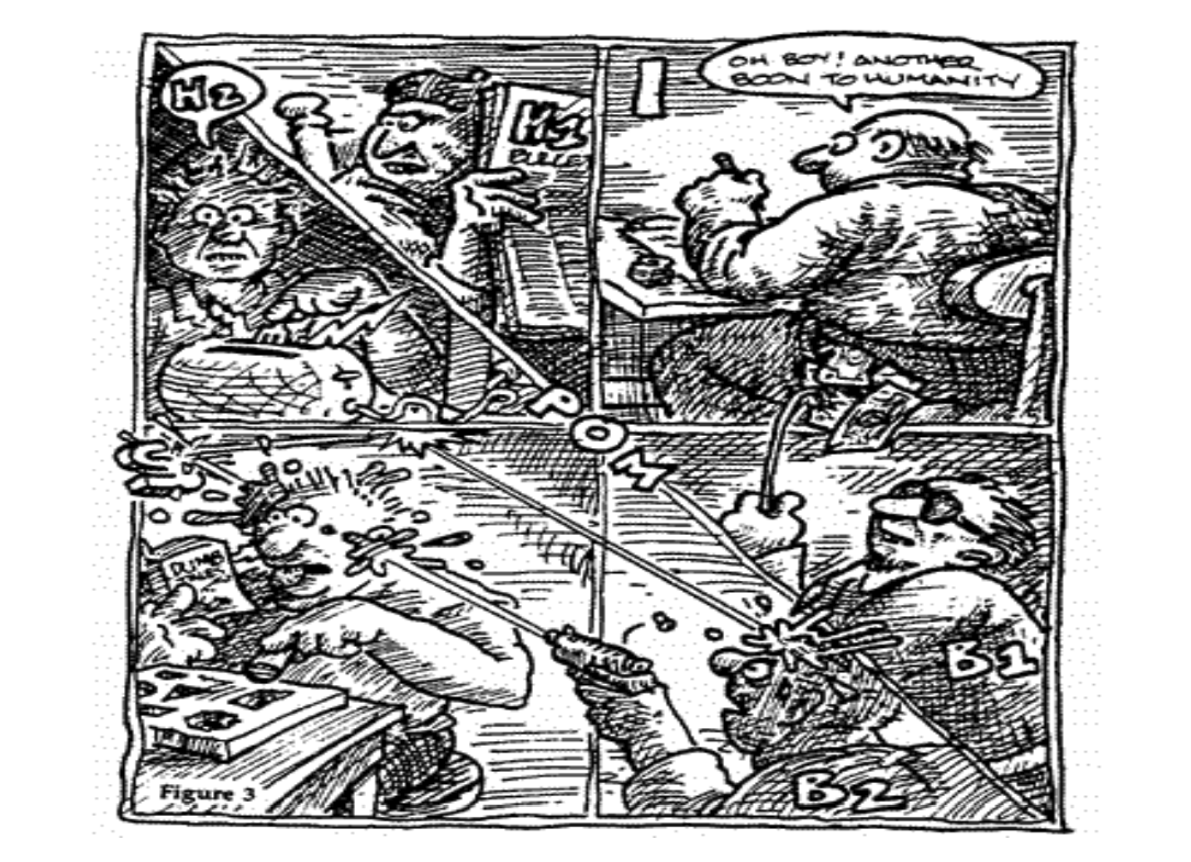 Diagrama de cuatro cuadrantes con escenas caóticas y la línea POM dividiendo las acciones constructivas de las destructivas.